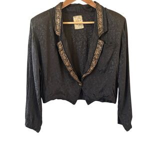Vintage Womens‎ Black Blazer Floral Gold Trim Size Med Retro 80s 90s Old Money